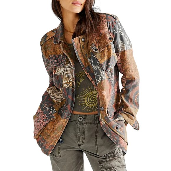 Free People Not Your Brother's Printed Long Sleeve Surplus Jacket Brown Small - Picture 1 of 10